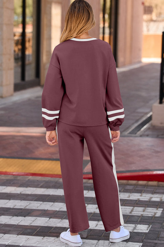 Mineral Red Varsity Stripe Patchwork Puff Sleeve Pullover Drawstring Wide Leg Pant Set