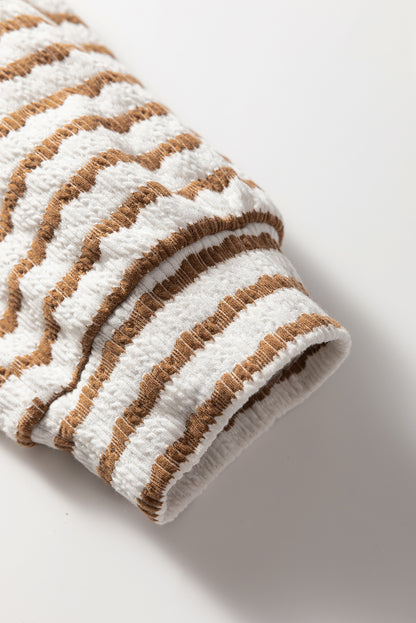 Khaki Stripe Buttoned V Neck Textured Hooded Plus Size Top