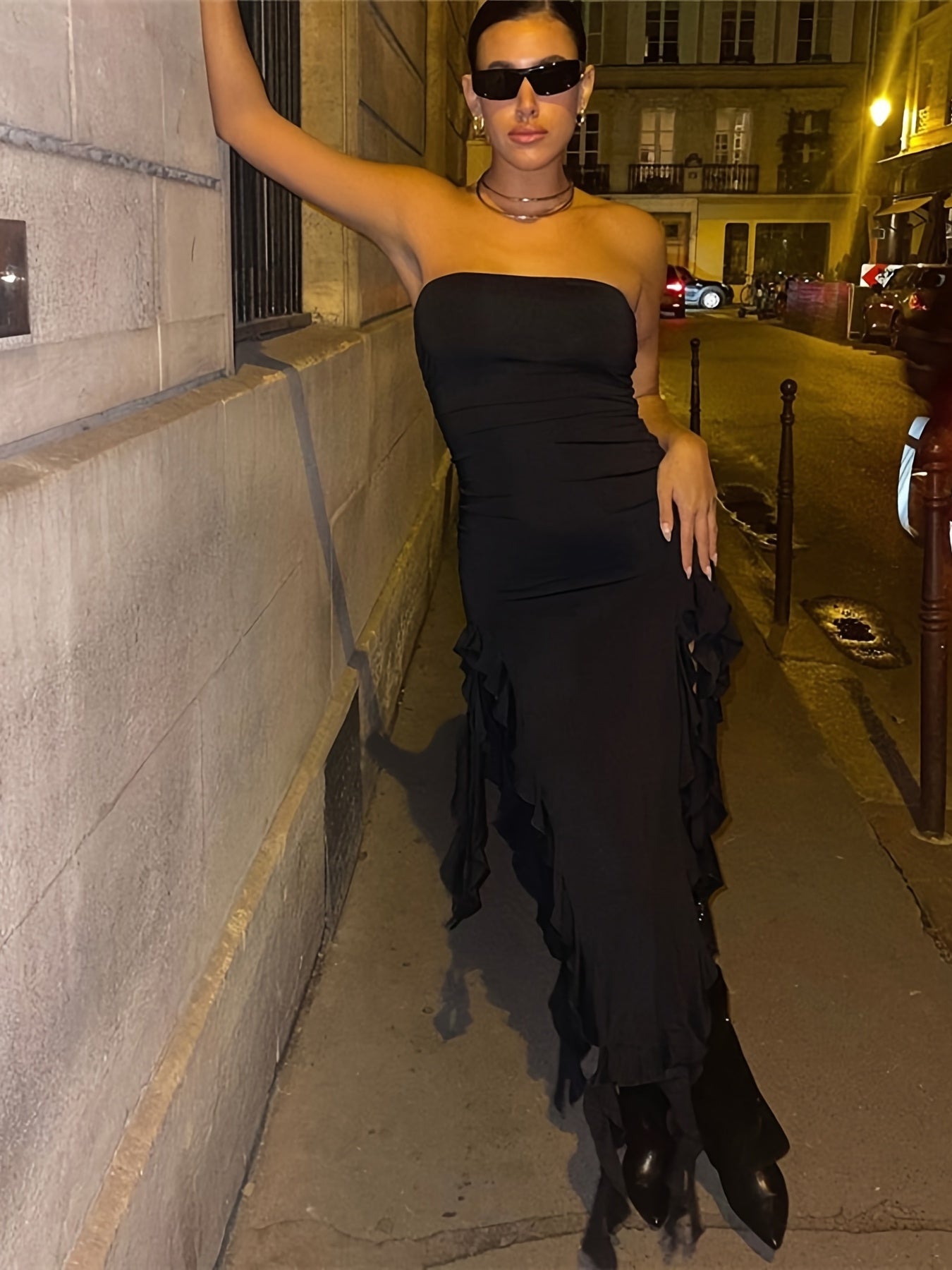 Ruffle Trim Split Dress, Sexy Off Shoulder Bodycon Party Club Dress, Women's Clothing