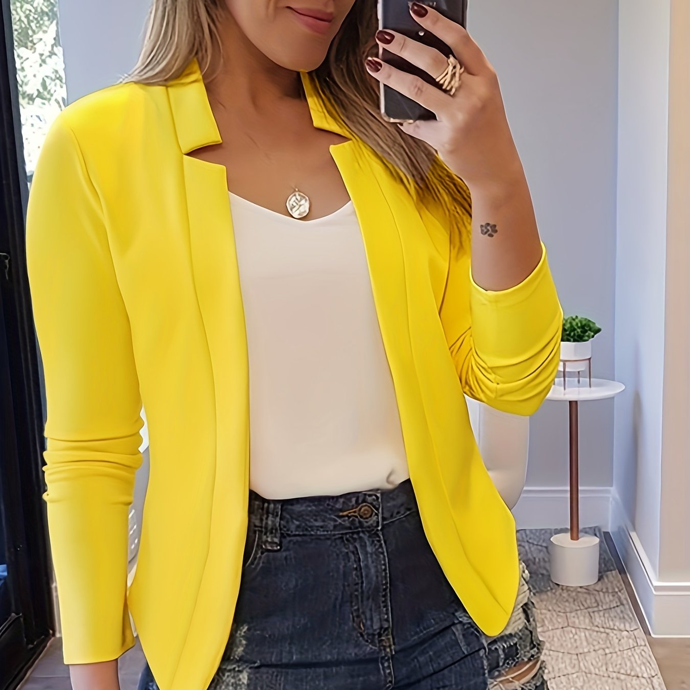 Solid Open Front Blazer, Casual Long Sleeve Blazer For Office & Work, Women's Clothing