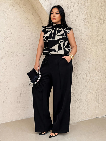 Plus Size - Plus Size - Elegant High Neck Geometric Print Blouse for Women - Sleeveless Summer Top with Asymmetrical Hem, Black & White Design, Non-Stretch Fabric, Perfect for Casual or Stylish Outfits, Summer Fashion | Asymm