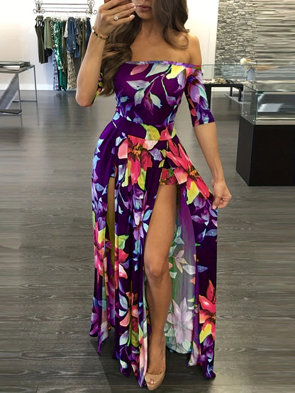 Vibrant Floral Print Romper Jumpsuit - Off Shoulder, Overskirt, Sexy, Flowy, Comfortable, Women's Summer Clothing - Perfect for Outdoor, Party, Date Night
