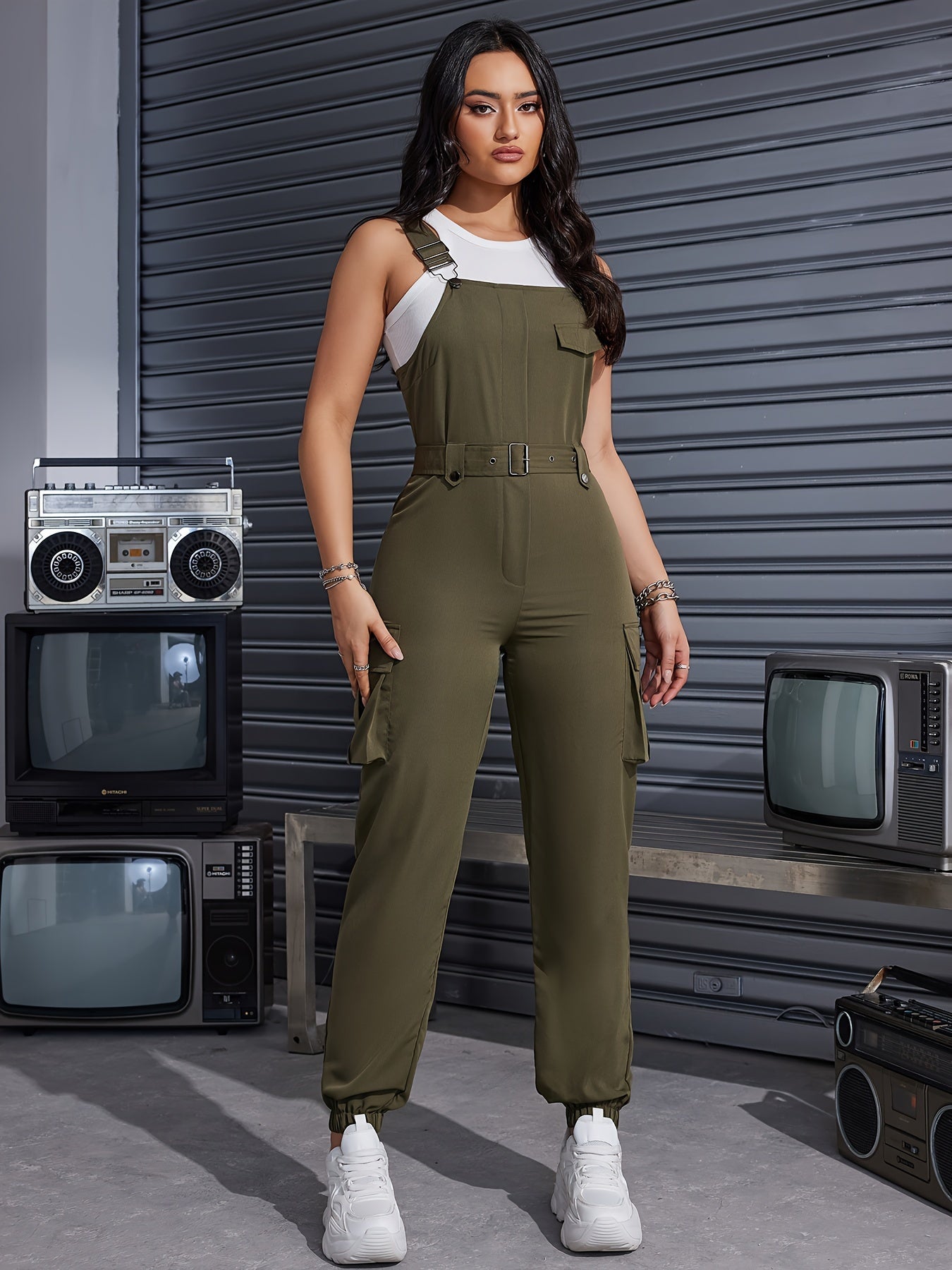 Solid Flap Pocket Belted Overall Jumpsuit, Casual Buckle Detail Loose Jumpsuit, Women's Clothing