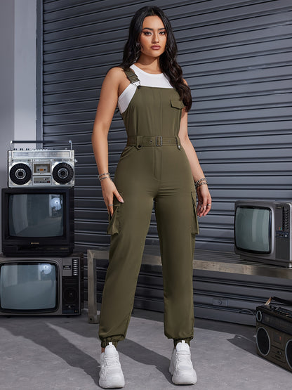 Solid Flap Pocket Belted Overall Jumpsuit, Casual Buckle Detail Loose Jumpsuit, Women's Clothing