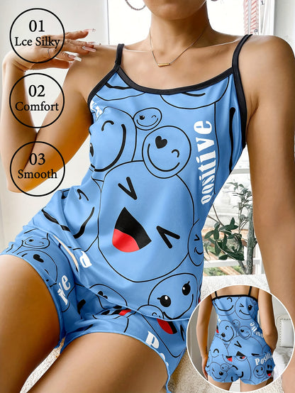 [Cute Pajama Set] Super Cute Printed Pajama Set | A Whimsical Featuring Elastic Waistband Shorts And a Comfortable Loose Top, Perfect for a Delightful And Restful Sleep