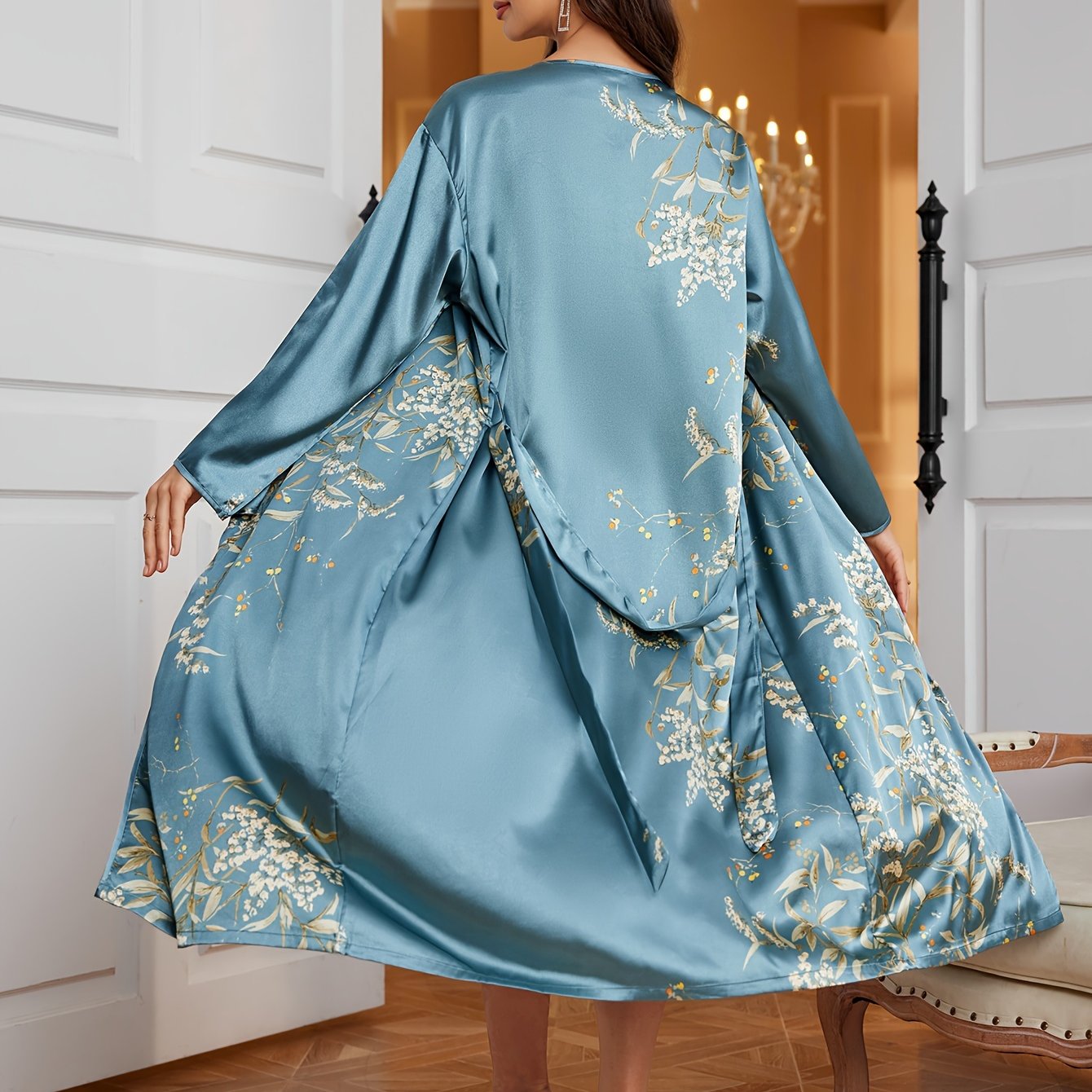 Women's Fashion Sleepwear, Long Sleeve Satin Robe with Cherry Print, V-Neck, Breathable Summer Bath Robe, Home Loungewear, Polyester, Adult Size, Woven Fabric