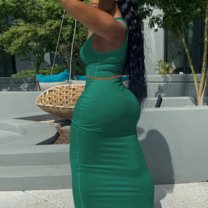 Trendy Two-Piece Set - Sexy Scoop Neck Sleeveless Tank Top & Flowy Bag Hip Maxi Skirt Outfit - Comfortable, Versatile, and Chic Women's Clothing for Everyday Wear