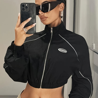 Stylish Long Sleeve Crop Jacket - Soft Solid Color Zip-Up Design for Women, Perfect for Spring & Fall, Casual Daily Wear, Versatile Fashion Piece