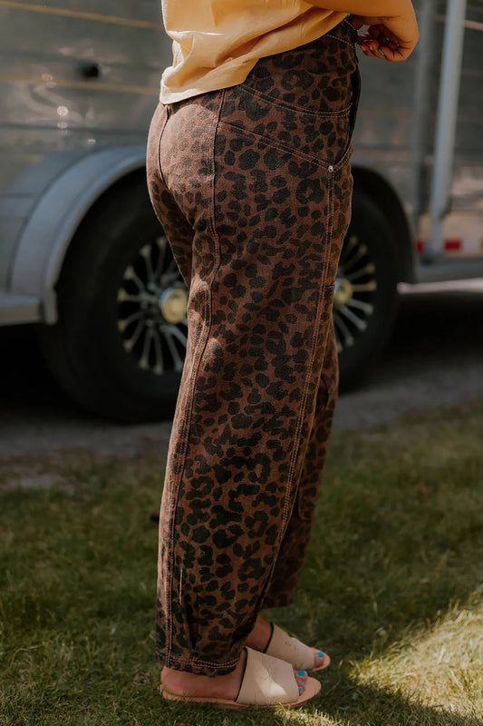 Brown Clear Seam Detail Patchwork Leopard Print Jeans