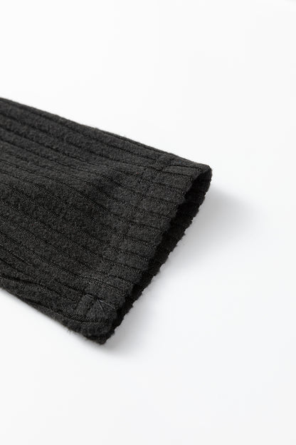 Black Ribbed Notched Neck Knit Long Sleeve Leggings Two Pieces Lounge Set