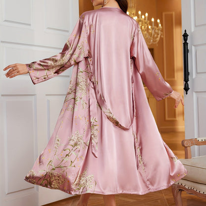 Women's Fashion Sleepwear, Long Sleeve Satin Robe with Cherry Print, V-Neck, Breathable Summer Bath Robe, Home Loungewear, Polyester, Adult Size, Woven Fabric