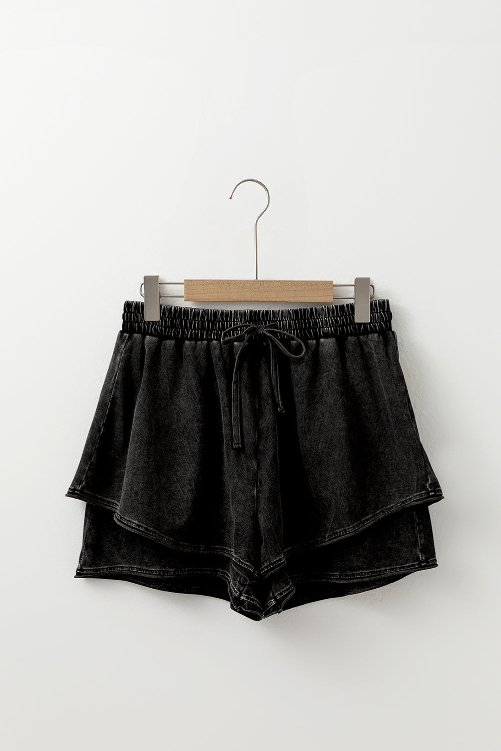 Black Mineral Wash French Terry Drawstring Elastic Waistband Casual Shorts