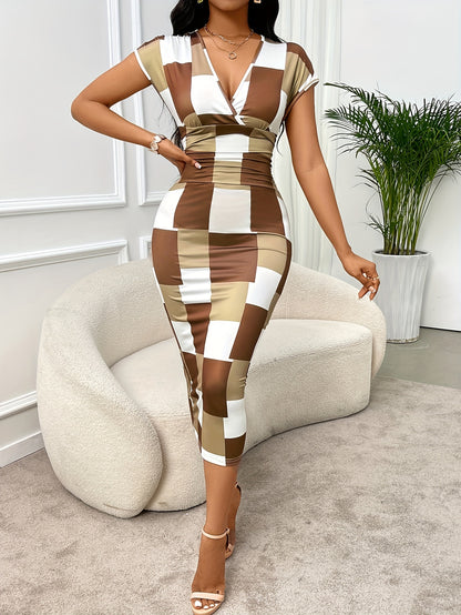 Patchwork Print V Neck Dress, Elegant Short Sleeve Dress For Spring & Summer, Women's Clothing