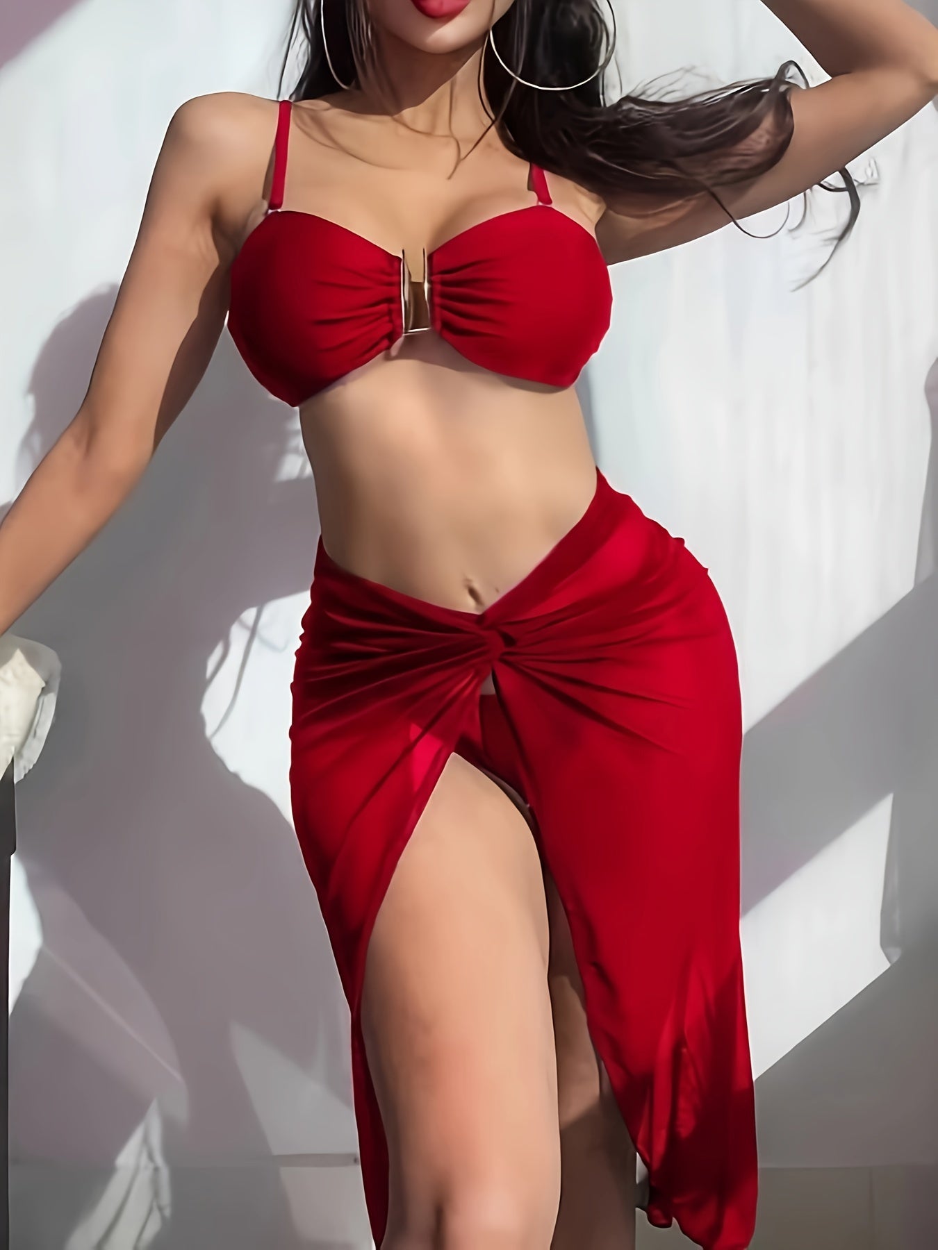 Solid Color 3 Piece Set Bikini, U-Wire High Cut With Cover Up Skirt Swimsuits, Women's Swimwear & Clothing