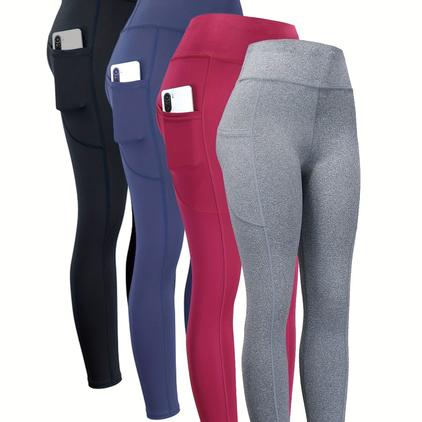 4pcs High Waist Yoga Leggings With Pocket For Women, Solid Color, Tight Fit, Women's Activewear