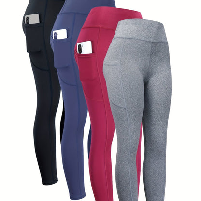4pcs High Waist Yoga Leggings With Pocket For Women, Solid Color, Tight Fit, Women's Activewear
