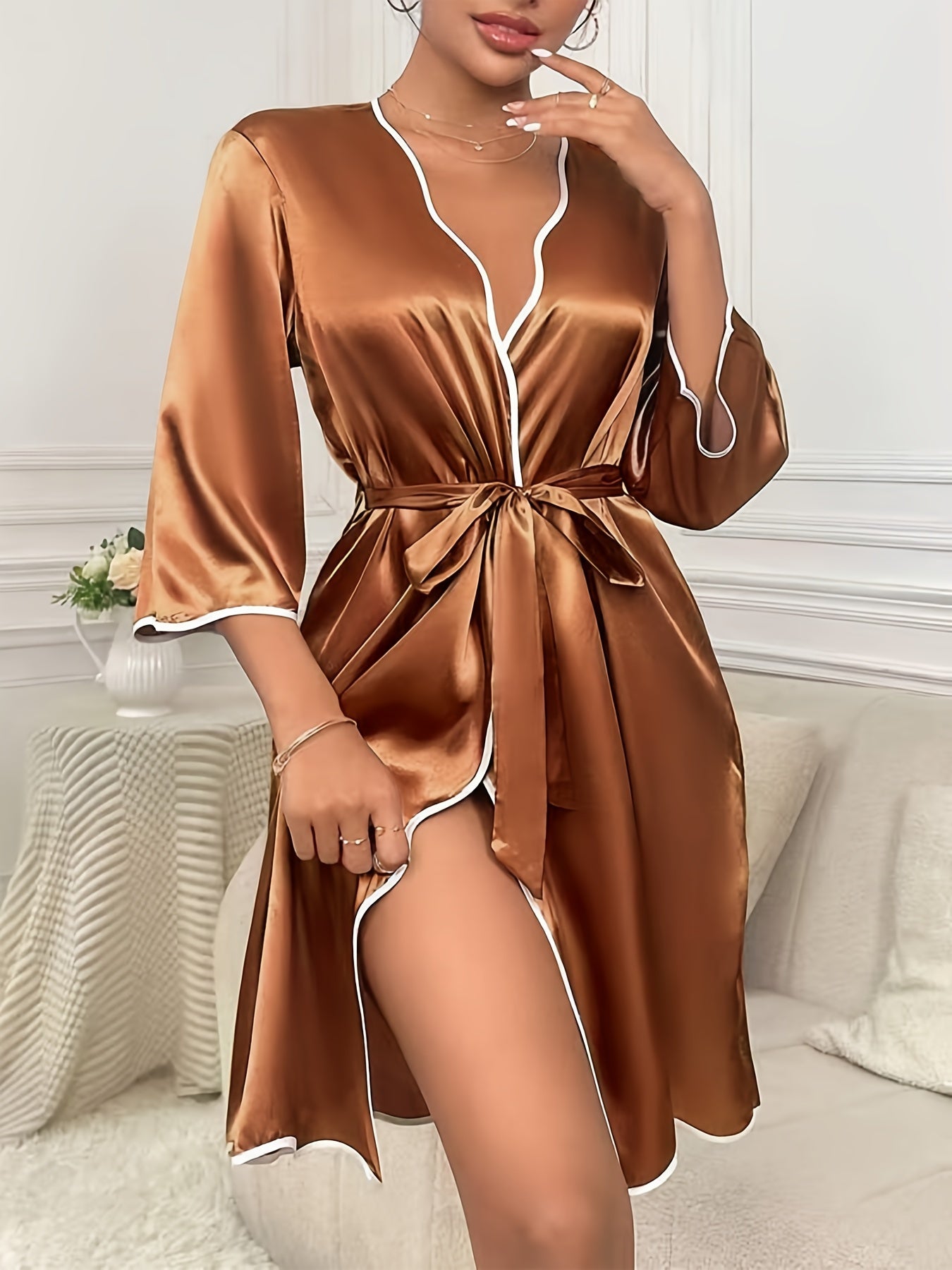 Luxurious Satin Night Robe - Soft Three Quarter Sleeve, V Neck Design, Adjustable Belt, Elegant Contrast Binding, Comfortable Women's Sleepwear & Dresses for a Restful Night