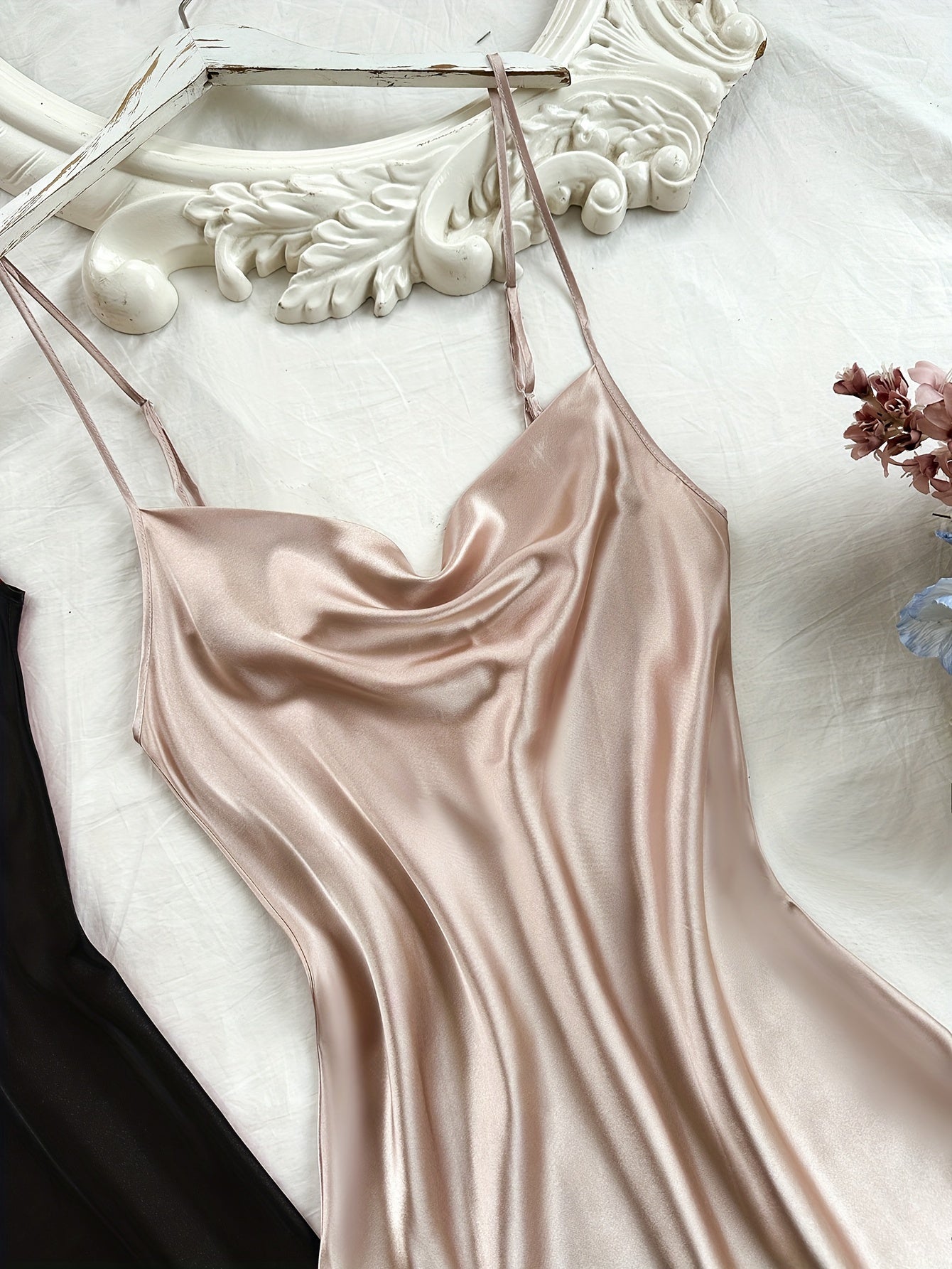 2 Pcs Women's Elegant Solid Satin Sleepwear Dress, Turtleneck Side Split Backless Midi Slip Dress, Comfortable Nightgown