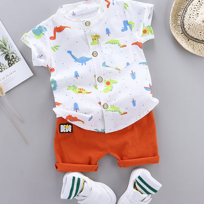 2pcs Toddler Dinosaur Print Short Sleeve Shirt & Shorts Set - Boys Summer Clothes, Elastic Waist, Button Front, Short Sets