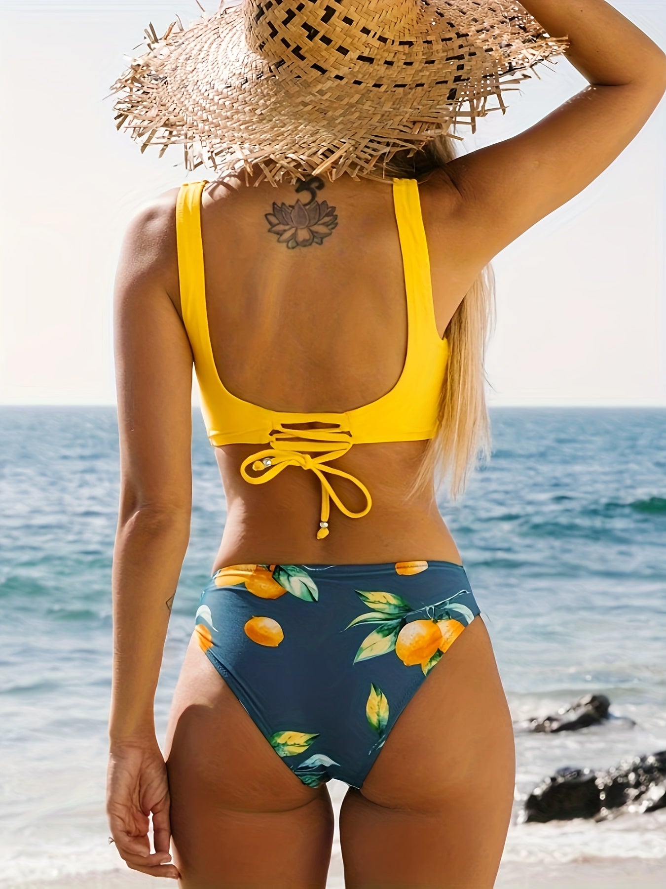 2 Piece Yellow Crisscross Tie Back Top and Vibrant Lemon Print Bottoms Set - Women's Swimwear & Clothing - Stylish Bikini Swimsuits for Summer Vacation