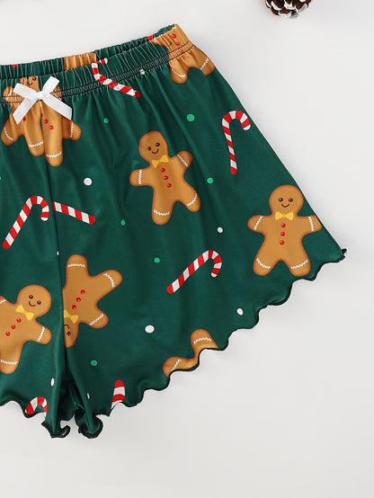 Women's Christmas Gingerbread Man Print Sexy Pajama Set Knit Polyester Loungewear with Crew Neck Cami Top and Shorts - All-Season Sleepwear