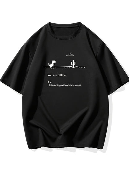 Men's Plus Size 'You are offline...' Print Stretch T-shirt, Oversized Short Sleeve Tops For Spring Summer, Causal Loose Clothing For Big And Tall Guys