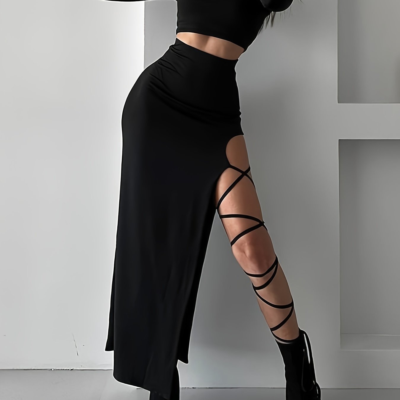 Sexy Two-Piece Outfit Set - Long Sleeve Crew Neck Slim Fit Crop Top & High Waist Asymmetrical Split Thigh Skirt - Women's Comfortable Bodycon Clothing for Daily Wear, Party, Date Night, and Special Occasions