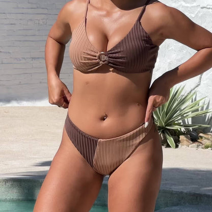 Women'S Sexy Striped High-Slit Bikini Set, V-Neck Knit Fabric Swimwear, Polyester 82% & Elastane 18%, Solid Color, Slight Stretch, Sleeveless, 220gsm - Summer Beachwear