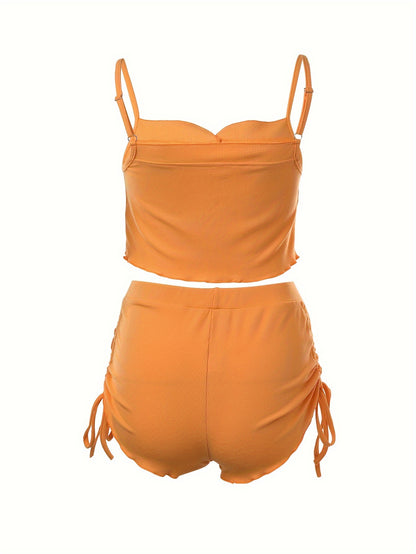Simple Solid Print Lounge Set, Buttons Cami Top & Drawstring Shorts, Women's Loungewear & Sleepwear Koningsdag/King's Day