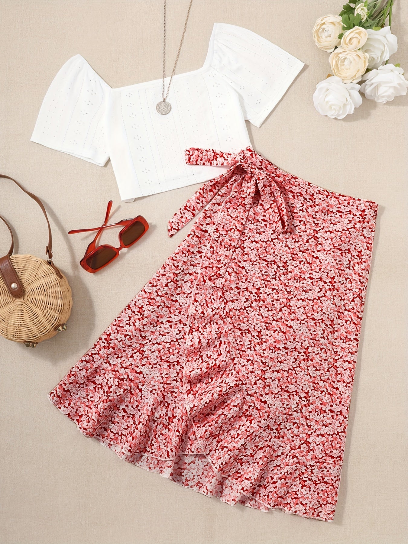 Vacation Ready - Chic Square Neck Crop Top & Adjustable Print Wrap Skirt Set - Flirty Short Sleeves, Womens Two-Piece Outfit