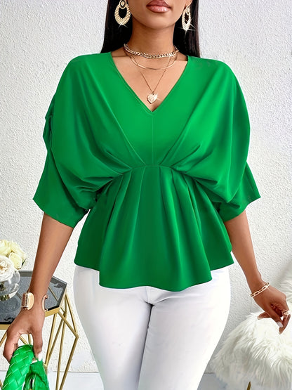 Stylish V-Neck Batwing Blouse - Cinched Waist, Flare Tuck Design, Elegant Short Sleeves for Spring & Summer, Women's Fashion Clothing for Outdoor Activities