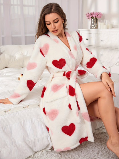 Elegant Heart Pattern Fleece Thickened Night Robe For Fall & Winter, Long Sleeve V Neck Robe With Belt, Women's Sleepwear & Dresses