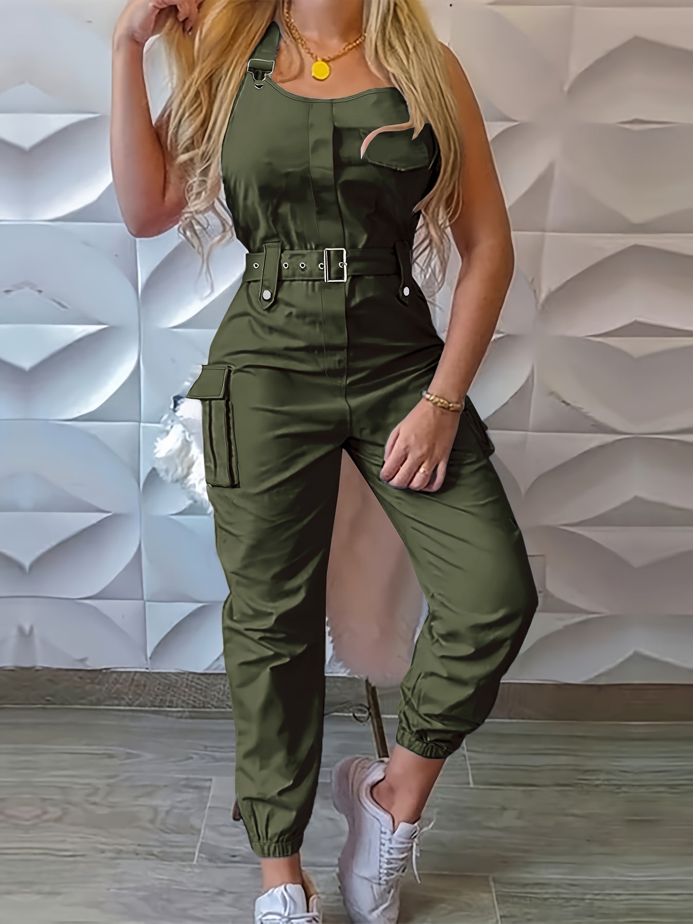 Solid Flap Pocket Cargo Jumpsuit, Casual Sleeveless Belted Flap Detail Jumpsuit, Women's Clothing
