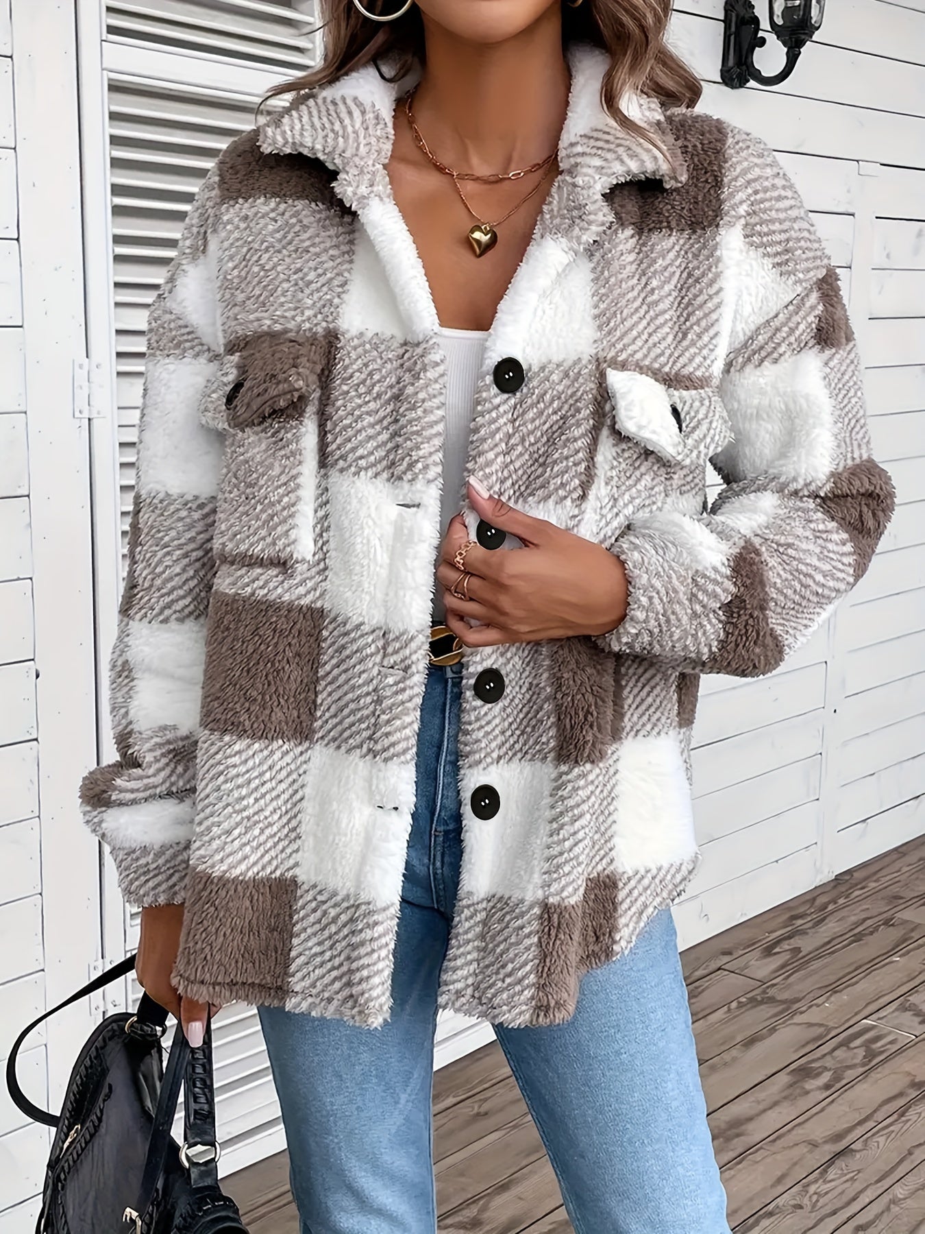 Cozy Plaid Teddy Jacket - Soft Thermal Long Sleeve, Flap Pockets, Button Front, Casual Chic Coat for Fall & Winter - Women's Warm Clothing for Everyday Wear