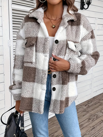 Cozy Plaid Teddy Jacket - Soft Thermal Long Sleeve, Flap Pockets, Button Front, Casual Chic Coat for Fall & Winter - Women's Warm Clothing for Everyday Wear