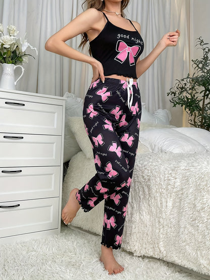 Cozy Bow Tie & Letter Print Pajama Set - Soft Crew Neck Crop Cami Top, Lettuce Trim Pants, Comfortable Women's Sleepwear & Loungewear for Relaxation