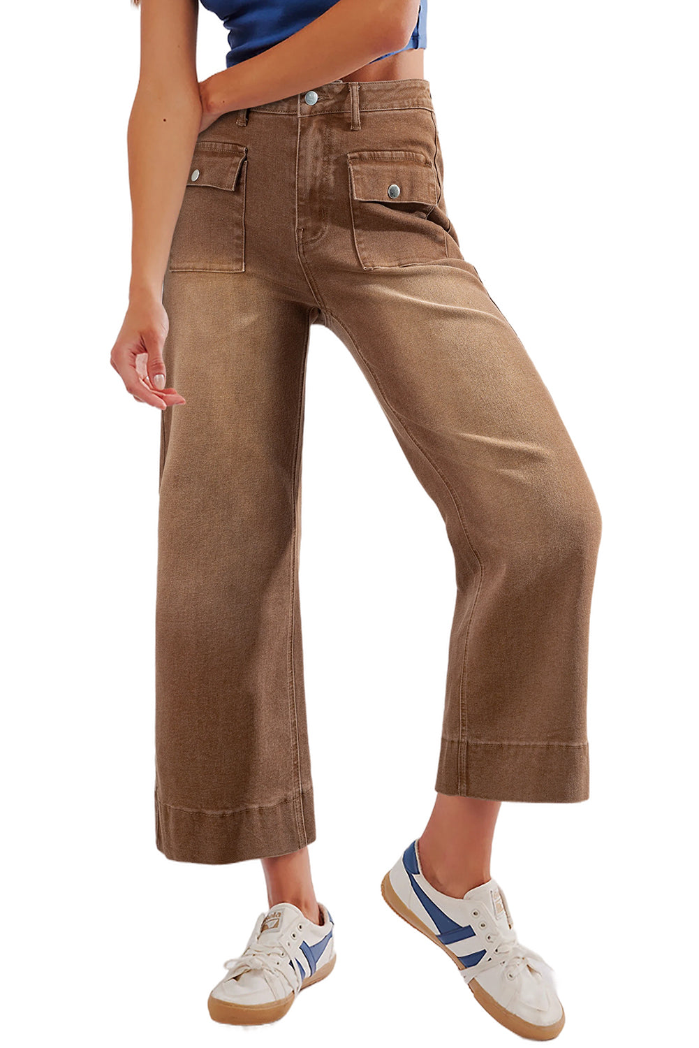 Brown Flap Pockets Front Straight Cropped Jeans