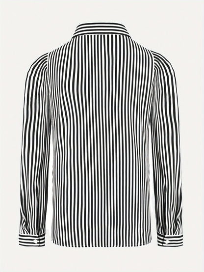 Vibrant Striped Print Long Sleeve Blouse - Soft, Breathable, Relaxed Fit, Single-Breasted Design, Casual Chic Style for Spring and Fall Seasons - Women's Comfortable Clothing for Everyday Wear