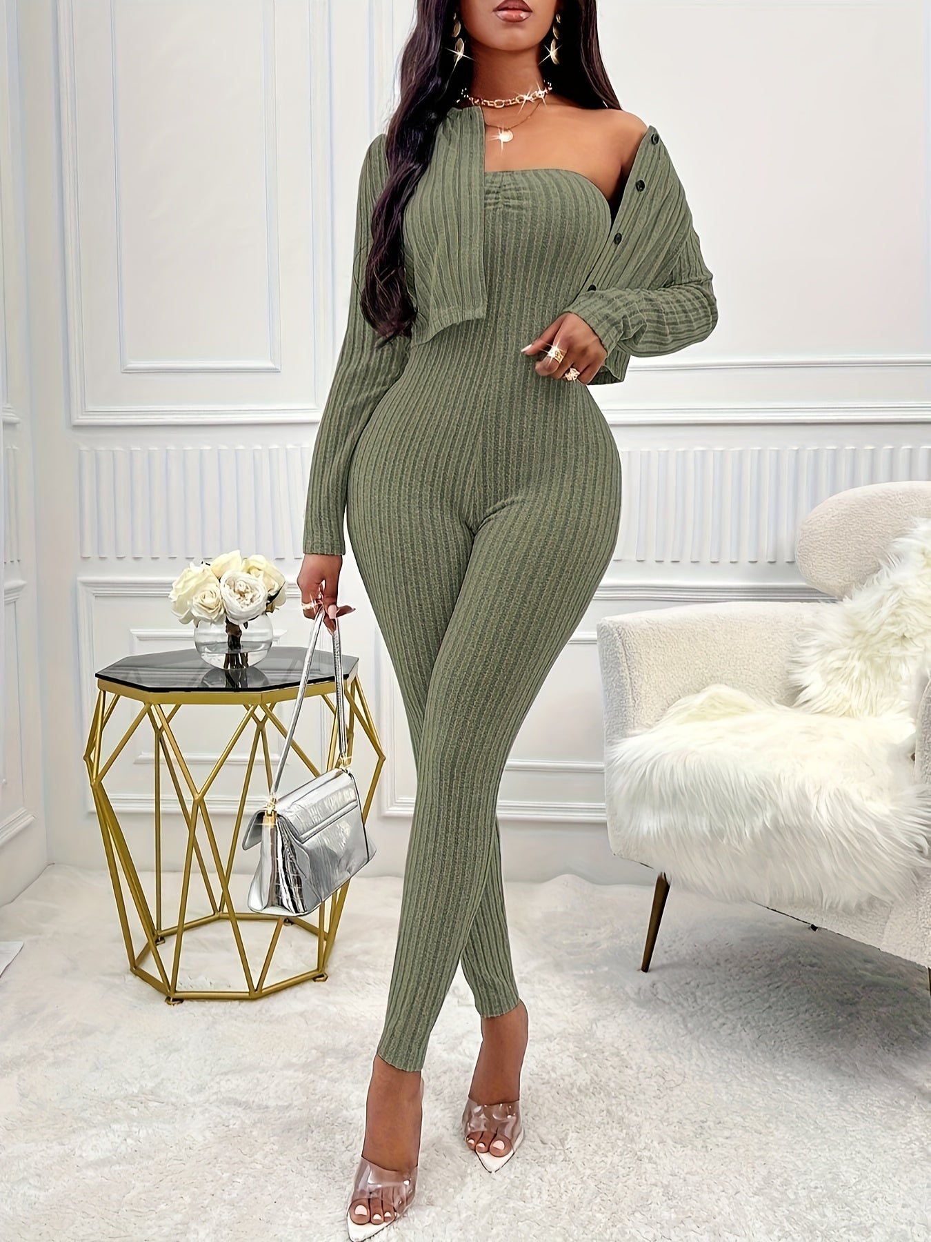 Two-Piece Ribbed Outfit Set - Long Sleeve Button Front Crop Cardigan & Skinny Strapless Jumpsuit - Soft, Stretchy, and Cozy Women's Clothing for Everyday Wear