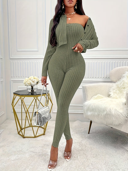 Two-Piece Ribbed Outfit Set - Long Sleeve Button Front Crop Cardigan & Skinny Strapless Jumpsuit - Soft, Stretchy, and Cozy Women's Clothing for Everyday Wear