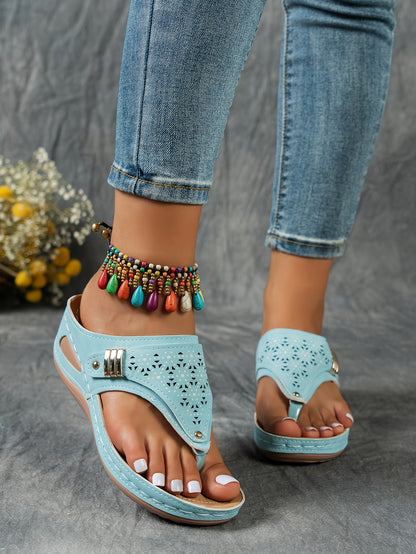 Stylish Cut-Out Thong Sandals - Soft Metallic Platform Wedge, Comfortable Beach Slides with Adjustable Straps, Vacation Essentials for Women