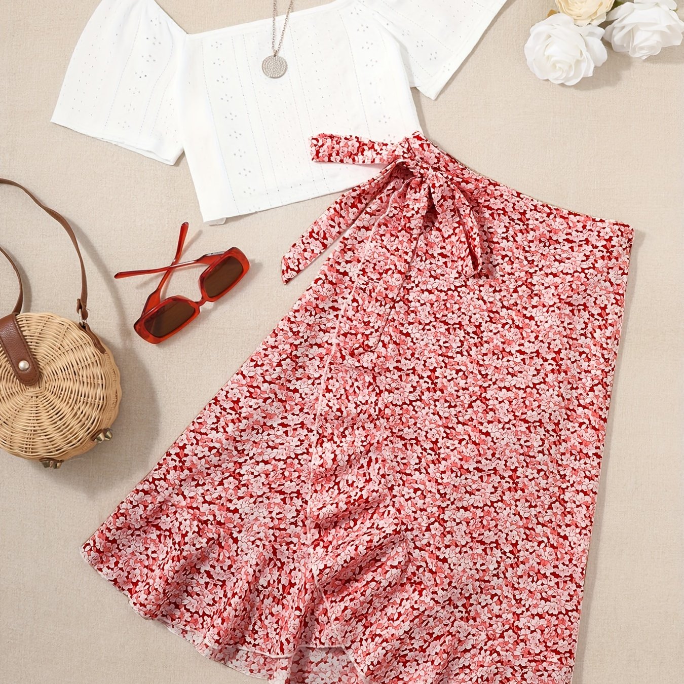 Vacation Ready - Chic Square Neck Crop Top & Adjustable Print Wrap Skirt Set - Flirty Short Sleeves, Womens Two-Piece Outfit
