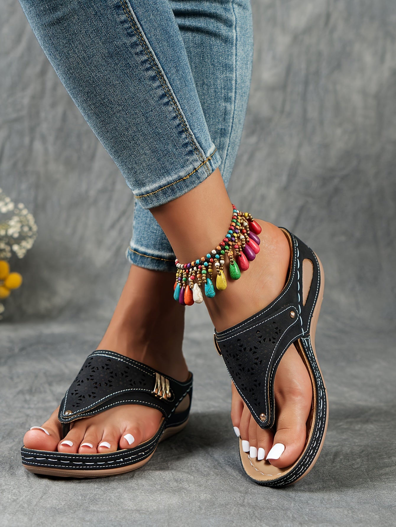Stylish Cut-Out Thong Sandals - Soft Metallic Platform Wedge, Comfortable Beach Slides with Adjustable Straps, Vacation Essentials for Women