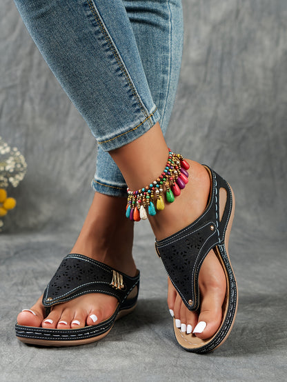 Stylish Cut-Out Thong Sandals - Soft Metallic Platform Wedge, Comfortable Beach Slides with Adjustable Straps, Vacation Essentials for Women