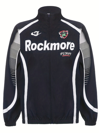 Retro Streetwear-Inspired Women's Casual Jacket - Loose Fit, High Neck Zip-Up With Vintage Print Design For Fall/Winter