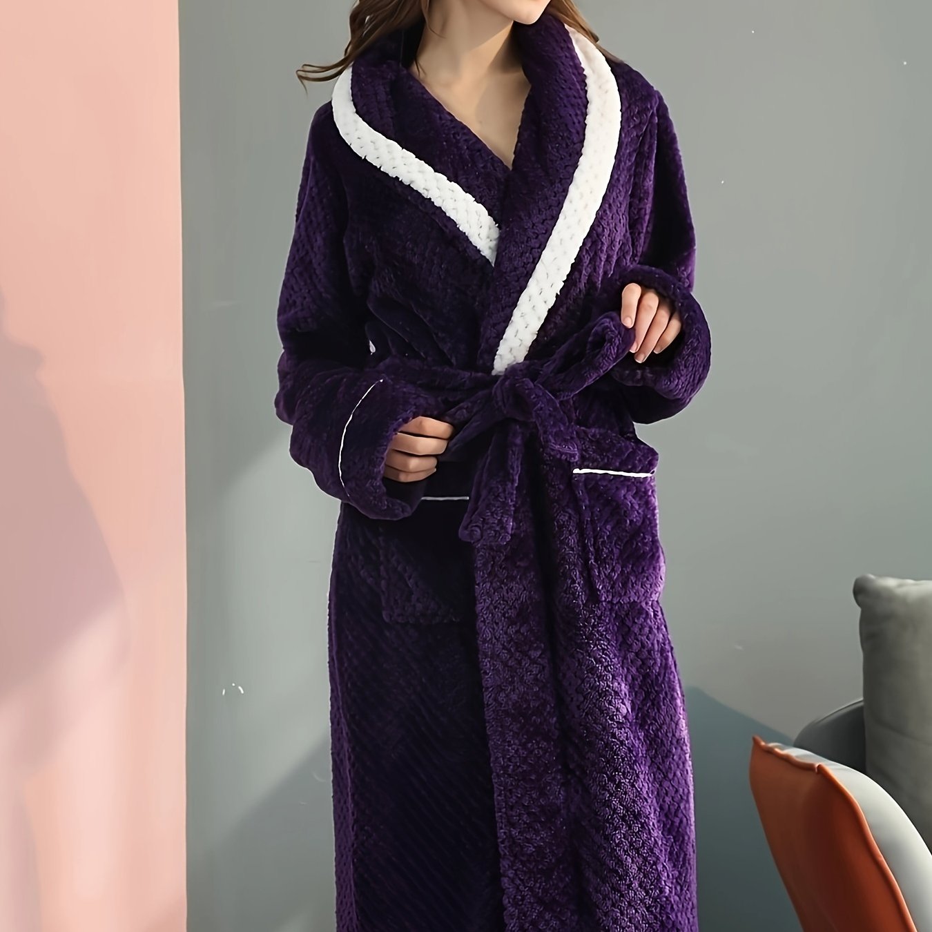 Plus Size Cozy Flannel Robe - Soft, Warm, Long Sleeve, Contrast Pipping, Thick, Casual Loungewear for Fall and Winter Nights - Ideal for Relaxation and Sleep