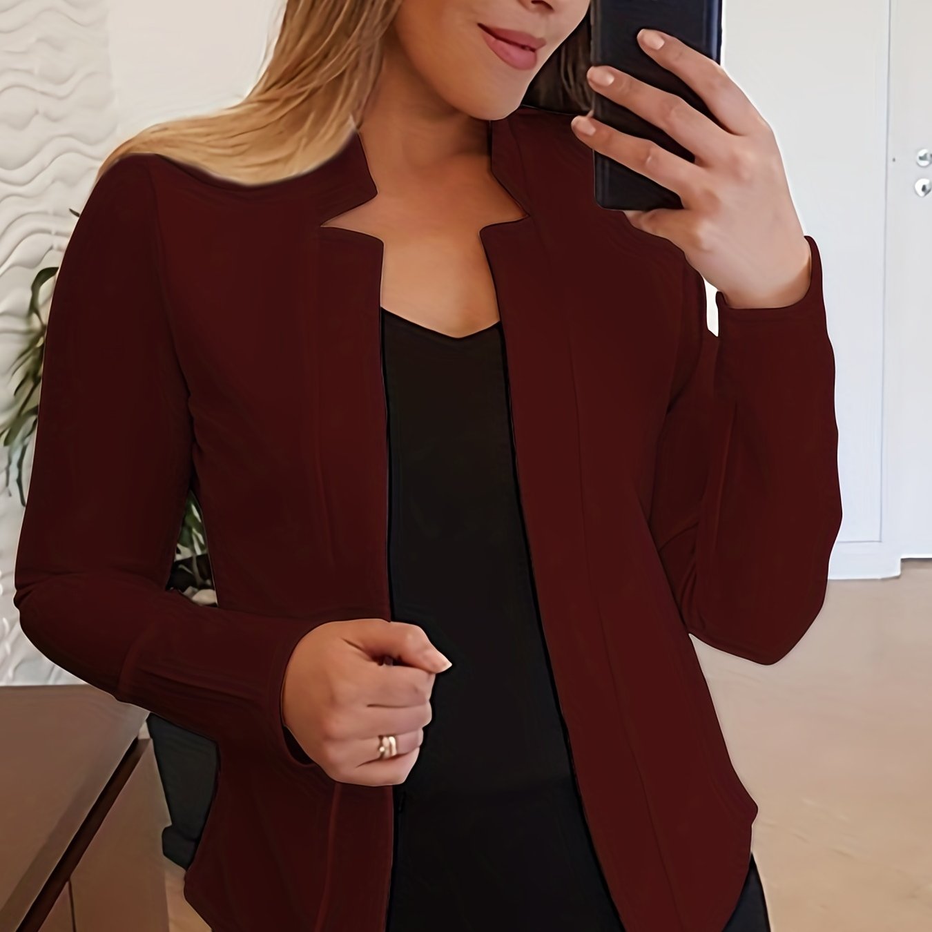Solid Open Front Blazer, Casual Long Sleeve Blazer For Office & Work, Women's Clothing