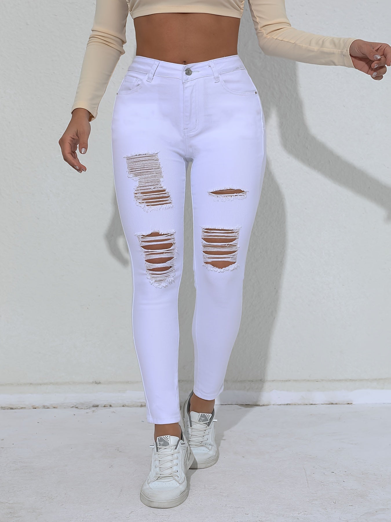 Ripped Skinny Fit Plain White Color Versatile Jeans Denim Pants, Women's Denim Jeans & Clothing