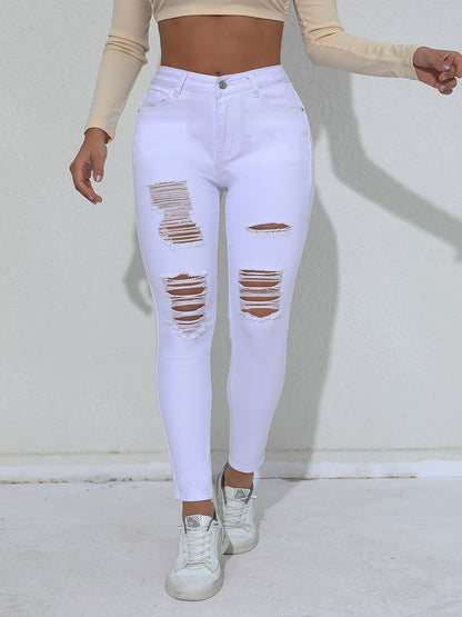 Ripped Skinny Fit Plain White Color Versatile Jeans Denim Pants, Women's Denim Jeans & Clothing