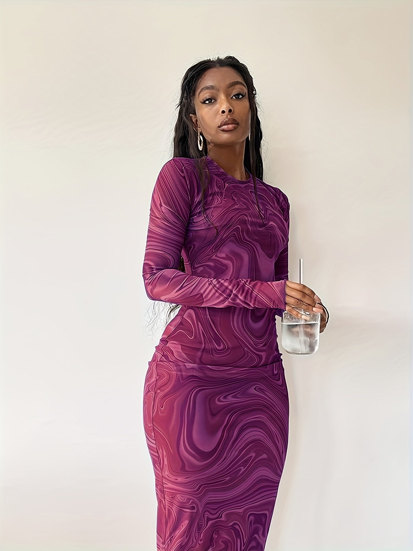 Abstract Ripple Print Dress, Sexy Mock Neck Long Sleeve Dress, Women's Clothing